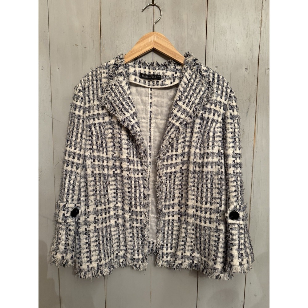 Lafayette 148 Tweed Blue White Plaid Open Blazer S-8 Fringe Fabric Ruffle Sleeve